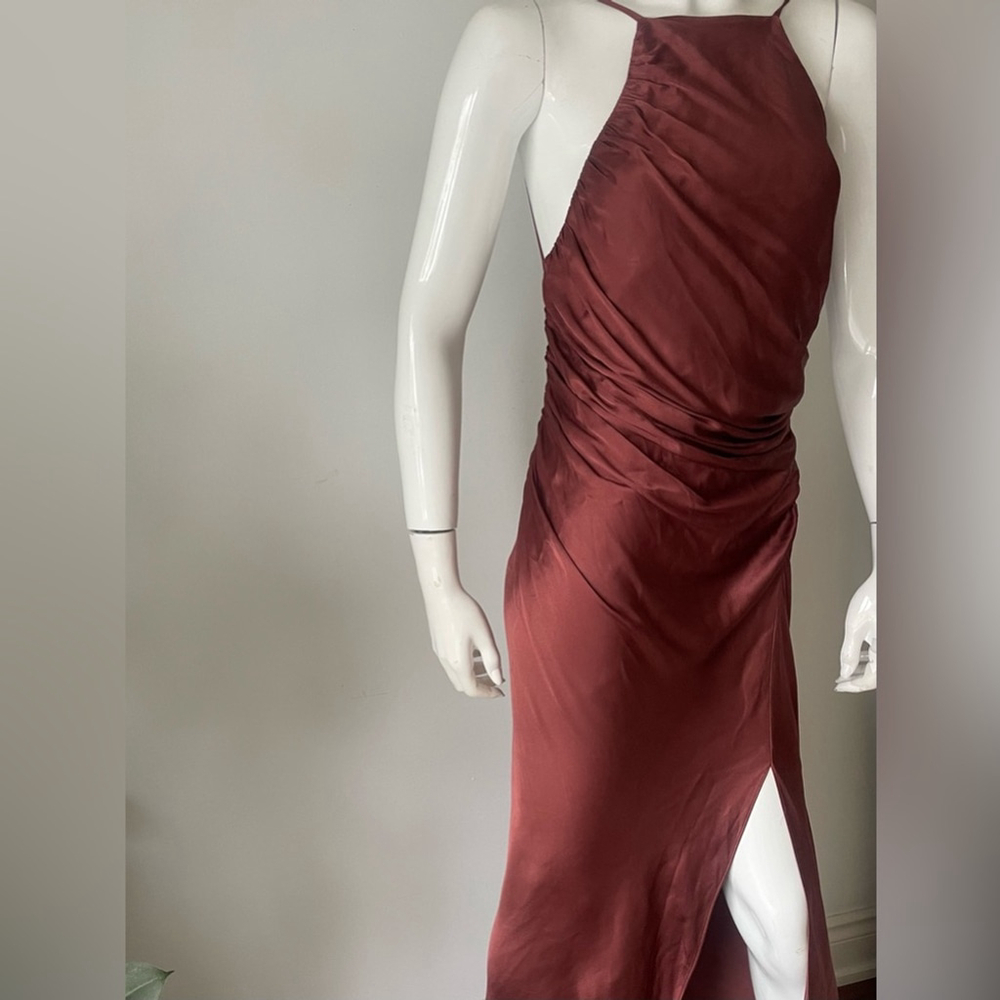 Shona Joy Thalia Gathered Bias Midi Dress Size 6 | Rust Satin Open Back Formal - Picture 5 of 8